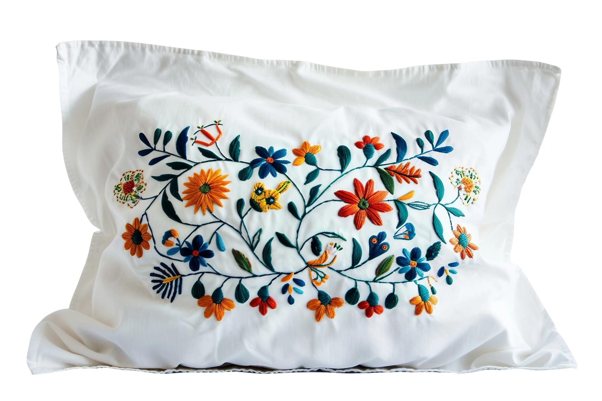 Embroidered linen pillow with botanical motif