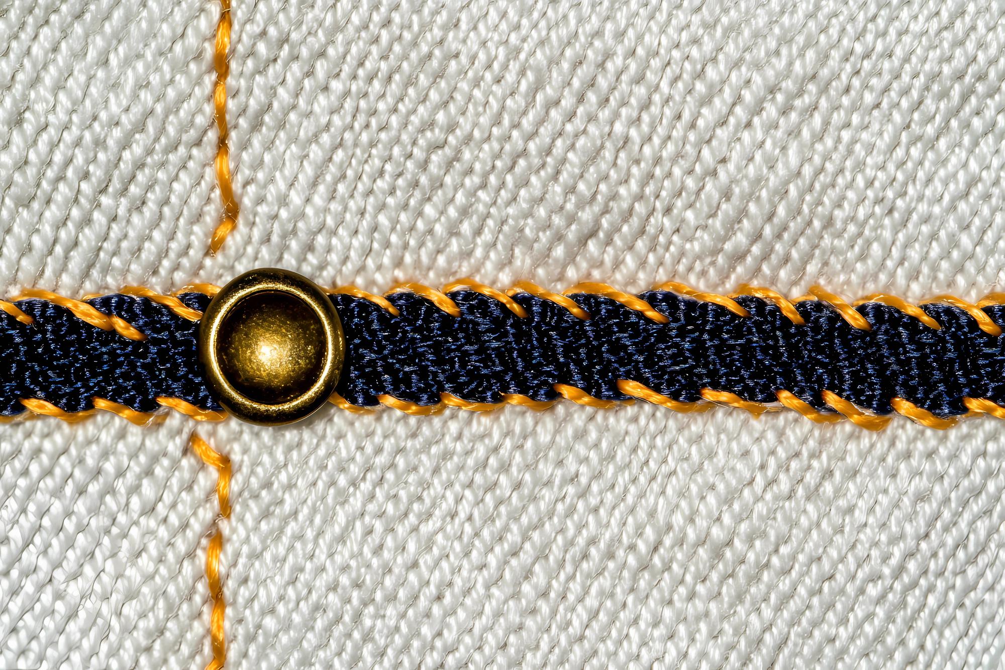 Detail of gold thread embroidery on cotton